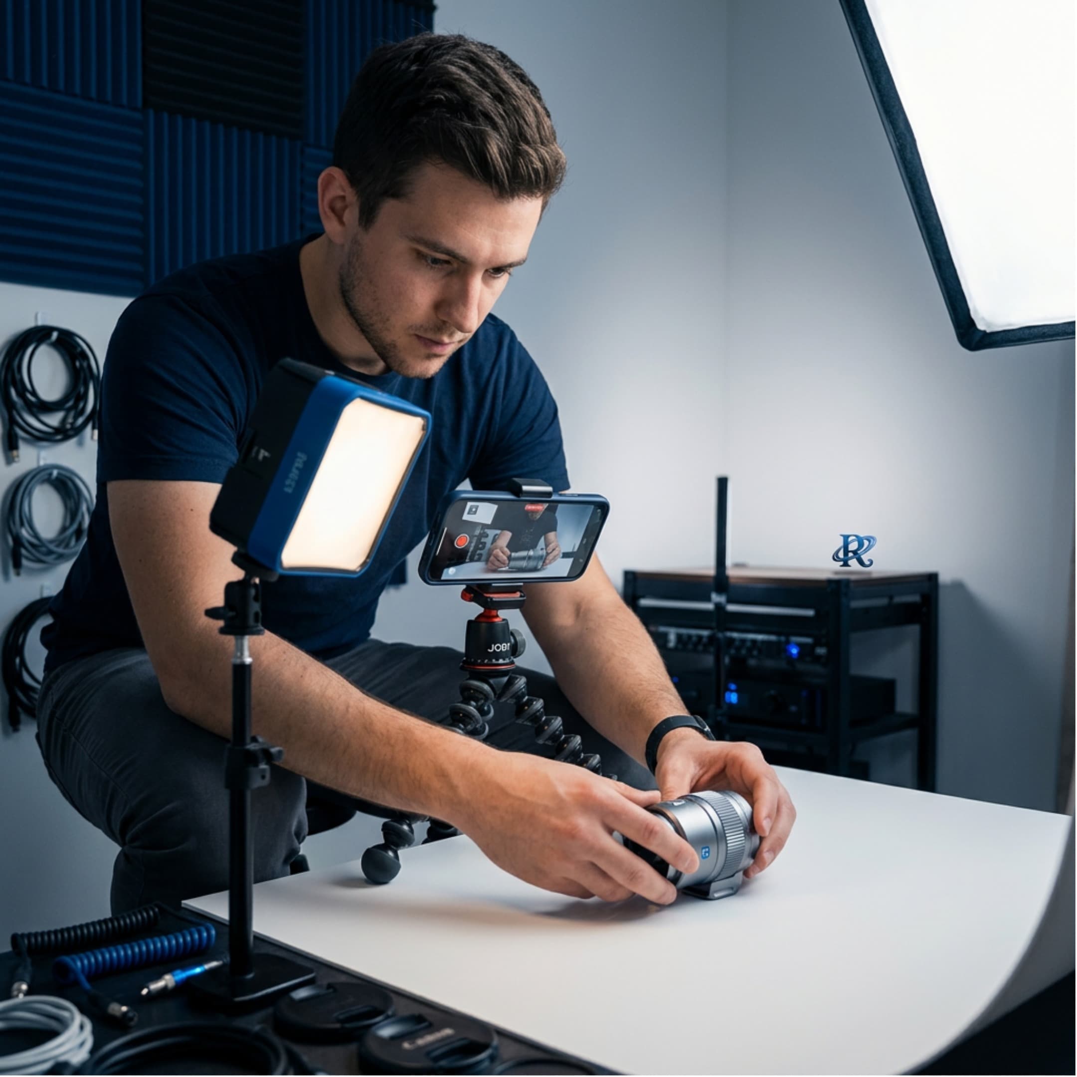 A content creator filming a product with a phone on a tripod under soft studio light